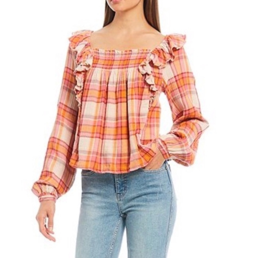 Free People Women We the Free LS Blouse Pink/Orange Siena Plaid Boho Ruffles NWT